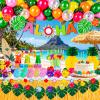 200 Pcs Aloha Luau Party Decorations Set, Hawaiian Tropical Summer Beach Party Supplies with Balloons Banner Grass Table Skirt Umbrellas Honeycomb Centerpiece Hibiscus Palm Leaves view 1