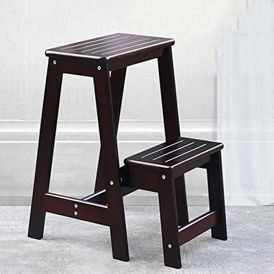Ladder Chair Step Stool 2-Step, Foldable Step Ladder Wooden Counter Chair Kitchen Step Safety Non-Slip Bookshelf Flower Shelf Tread for Bathroom Office Garden