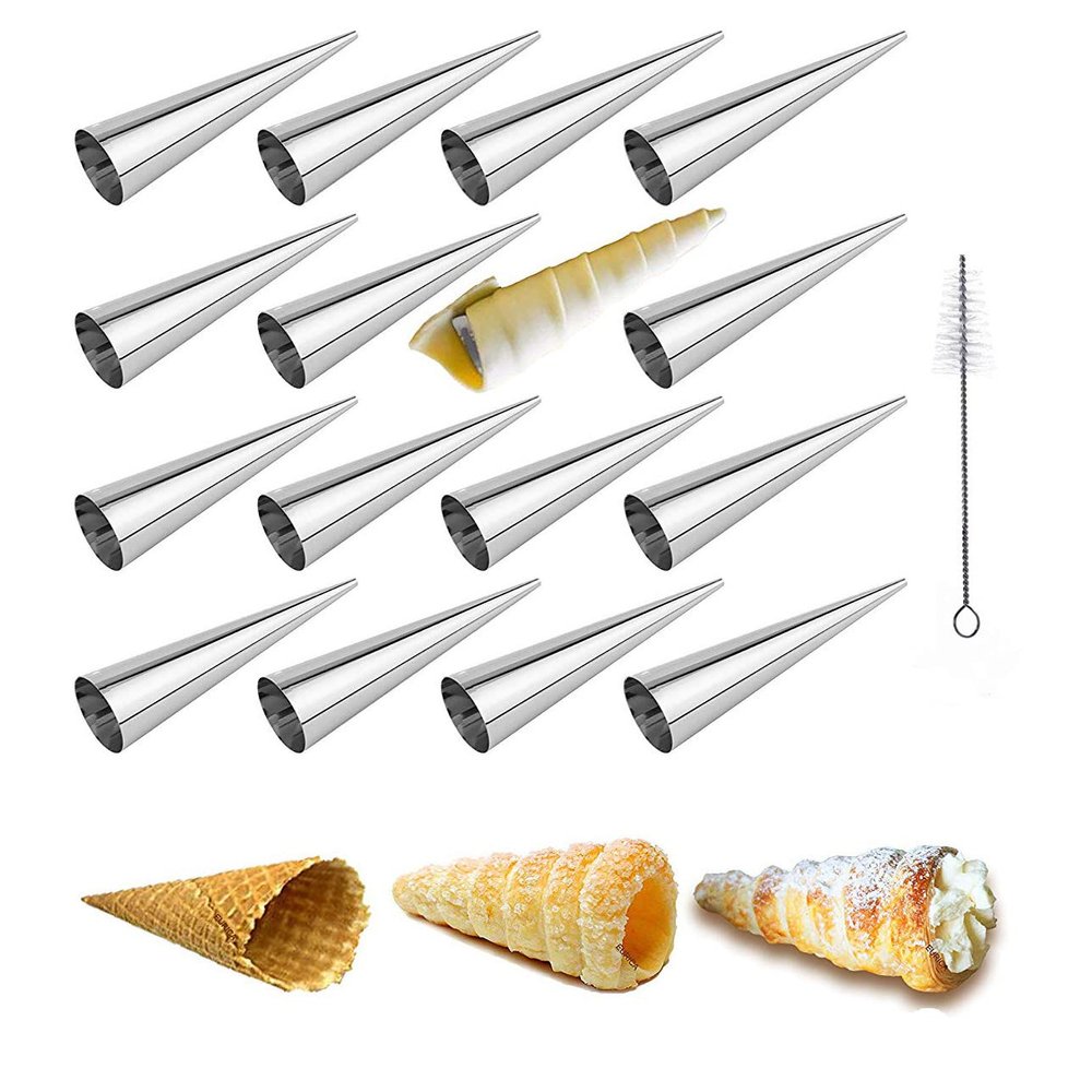 Joyeee 16Pcs Cream Horn Molds with Cleaning Brush, Stainless Steel Cone Roller Cannoli Forms Mold for Baking Cannoli Shell, Crispy Pastry for Christmas Birthday Party Gifts, 5-inch Large Size