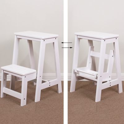 2 Step Stool Wooden Ladder StoolPortable Small Ladder Chairs Home Library Climb Step Kitchen Ladder Folding Flip Stairs Stool Shoe Bench/Flower RackWhite