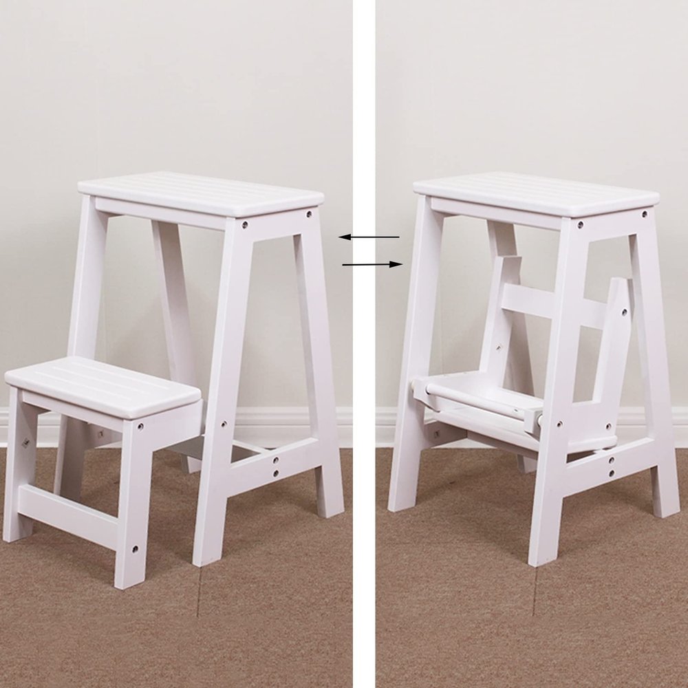 2 Step Stool Wooden Ladder StoolPortable Small Ladder Chairs Home Library Climb Step Kitchen Ladder Folding Flip Stairs Stool Shoe Bench/Flower RackWhite