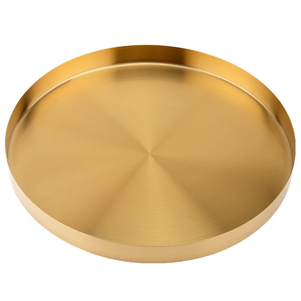 14 Inch Gold Round Metal Decorative Tray, Mirror Finish Golden Serving Tray Platter with 1 Wall, Brass Circle Table Tray Gorgeous Bar Tray Accents Dresser Perfume Bottle Tray for Display Exxacttorch