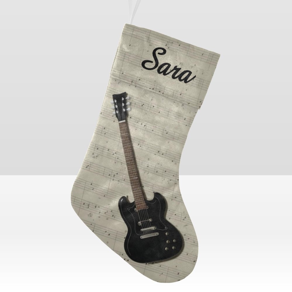 CUXWEOT Personalized Black Guitar Music Christmas Stockings Customize Name Candy Bag for Family Holiday Party Decorations Gift 17.52 x 7.87 Inch