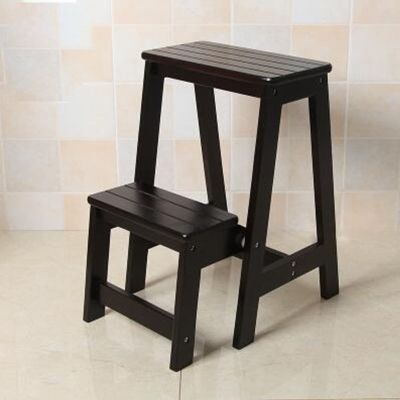 2-Step Stool Folding Step Ladder Wooden Counter Chair Stool Portable Shoe Bench/Flower Rack Safety Non-Slip Home Bookshelf Library Climb LadderBlack