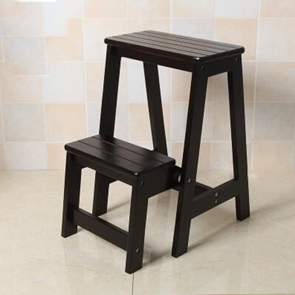 2-Step Stool Folding Step Ladder Wooden Counter Chair Stool Portable Shoe Bench/Flower Rack Safety Non-Slip Home Bookshelf Library Climb LadderBlack