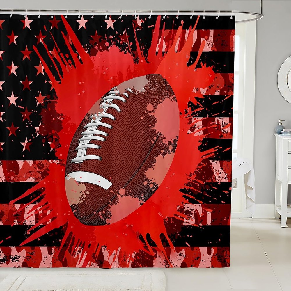 American Flag Shower Curtain, Football Soccer Bath Curtain United States Sports Games Bathroom Sets, Decorative Bathroom Curtain Machine Washable Durable Polyester Fabric, Red 72" W X 84" L