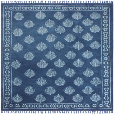 CASAVANI Hand Woven Pure Cotton Area Indigo Blue Floral Tassels Floor Hand Woven Reversible Throw Door Mat Laundry Room Indoor Runner Bathroom Tablecloth 80x300 cm (2.6x10 Runner Feet)