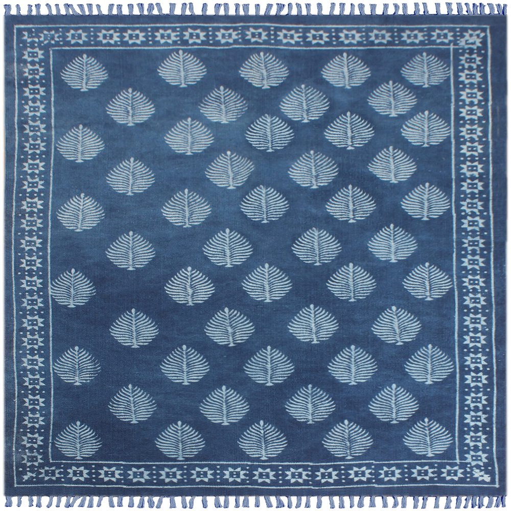 CASAVANI Hand Woven Pure Cotton Area Indigo Blue Floral Tassels Floor Hand Woven Reversible Throw Door Mat Laundry Room Indoor Runner Bathroom Tablecloth 80x300 cm (2.6x10 Runner Feet)