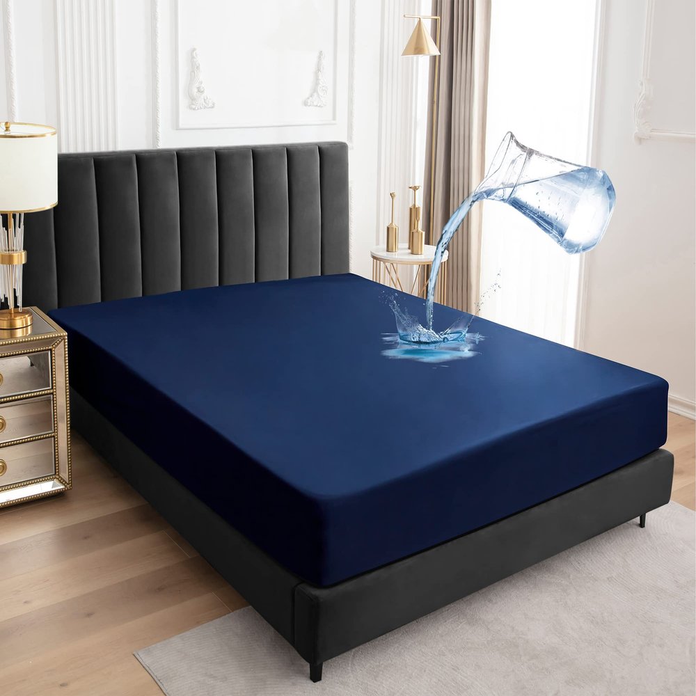 Sufdari Waterproof Mattress Protector, Mattress Cover Twin Size for Bed,18" Deep Pocket Fitted Sheet Style Mattress Protector with Elastic Rubber Band-Navy Blue,Twin