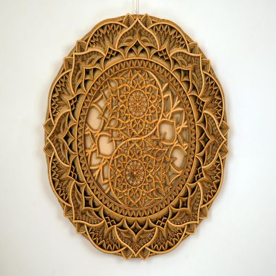 BHDecor Home Wall Decor Multilayered Laser Cut Carved Elegant Wooden Mandala Hanging MDF Panels for Decoration - Rustic Contemporary Artwork 14.1 x 14.1 inch (36cm), Natural Wood