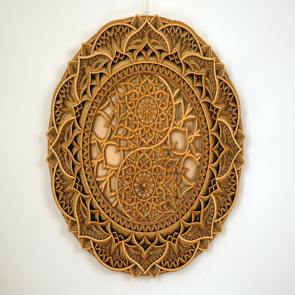 BHDecor Home Wall Decor  Multilayered Laser Cut Carved Elegant Wooden Mandala Hanging MDF Panels for Decoration - Rustic Contemporary Artwork 14.1 x 14.1 inch (36cm), Natural Wood