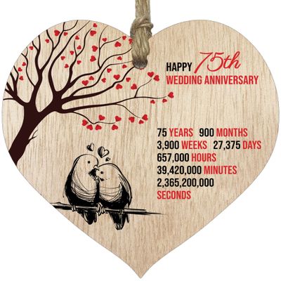 75th Wedding Anniversary Wooden Heart Plaque, Light Wood Sign Keepsake, Celebrate Diamond Anniversary Wife Husband Boyfriend Girlfriend Mom Dad, Plaque with Quotes Gifts from The Kids