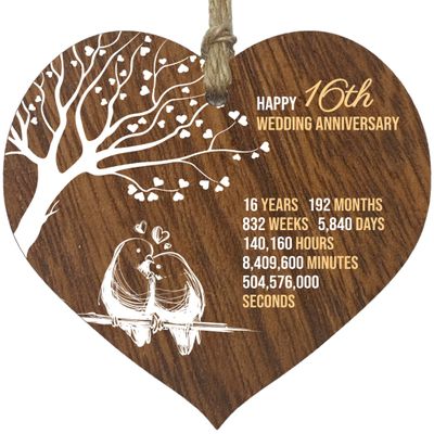 16th Wedding Anniversary Wooden Heart Plaque, Dark Wood Sign Keepsake, Celebrate Anniversary Wife Husband Boyfriend Girlfriend Mom Dad, Plaque with Quotes Gifts from the Kids