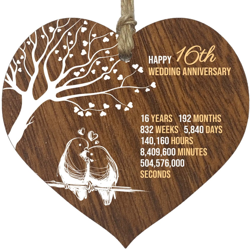 16th Wedding Anniversary Wooden Heart Plaque, Dark Wood Sign Keepsake, Celebrate Anniversary Wife Husband Boyfriend Girlfriend Mom Dad, Plaque with Quotes Gifts from the Kids
