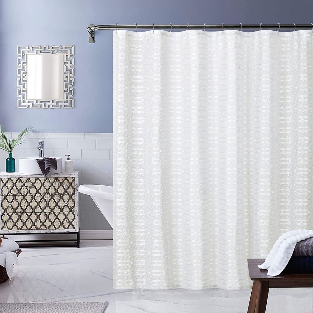 Linen Look 3D Textured Shower Curtain - Cotton Puffs Design in White 70" x 72" - Water Resistant Polyester Blend, Washable Shower Curtain - Perfect Cloth Shower Curtain for Stylish Bathrooms
