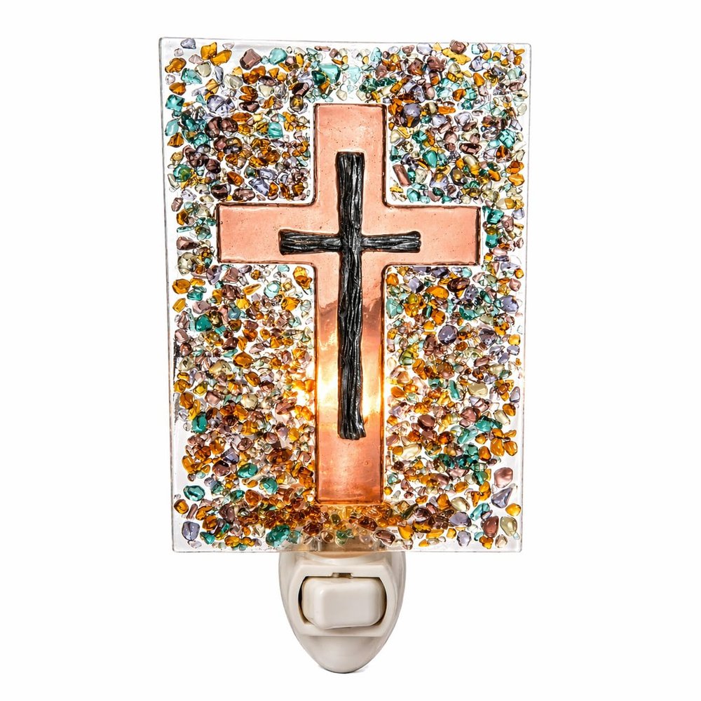 J Devlin Stained Glass Cross Night Light, Plug-in Decorative Glass Lamp, Soft Glow Wall Light, Religious Home Dcor
