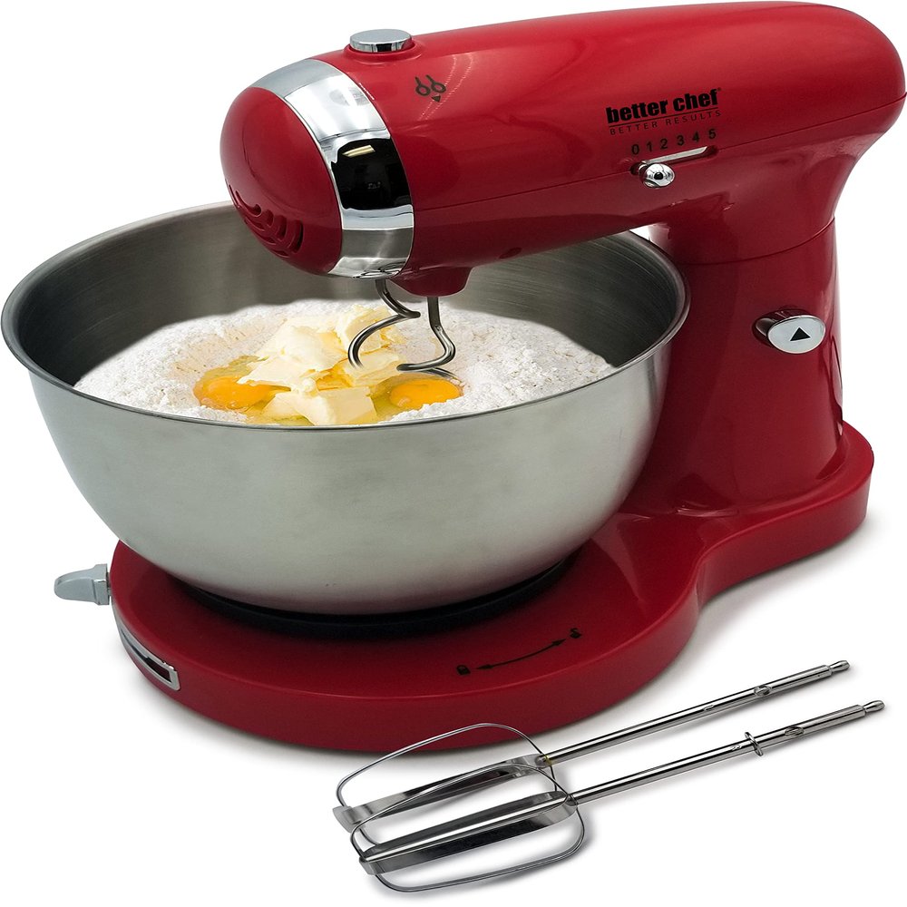 Better Chef Classic Stand Mixer | 350-Watts Hi-Power | 5-Speed | Stable Base | Stainless Bowl, Hooks and Beaters (Red)