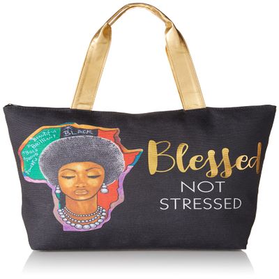 African American Expressions - Canvas Totebag, Africa Blessed Not Stressed, 20 x 15 Inch, CHB-14