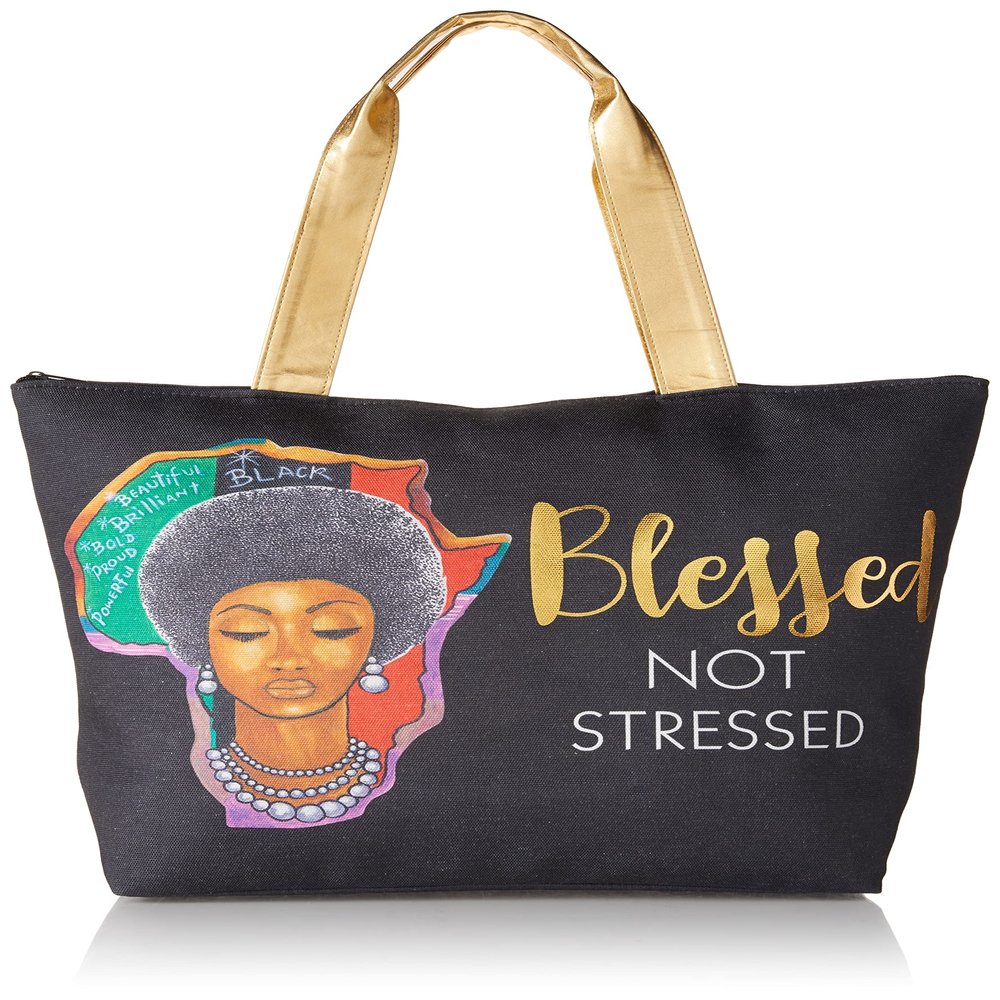 African American Expressions - Canvas Totebag, Africa Blessed Not Stressed, 20 x 15 Inch, CHB-14