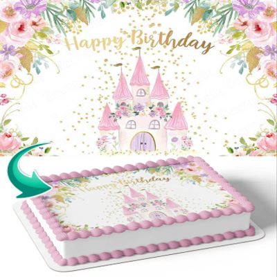 CAKECERY Princess Castle Flowers Girl Edible Cake Image Topper Birthday Cake Banner 1/4 Sheet