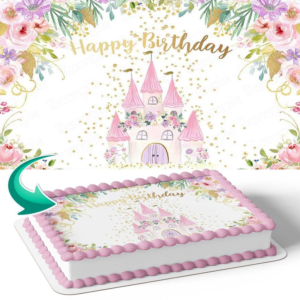 CAKECERY Princess Castle Flowers Girl Edible Cake Image Topper Birthday Cake Banner 1/4 Sheet