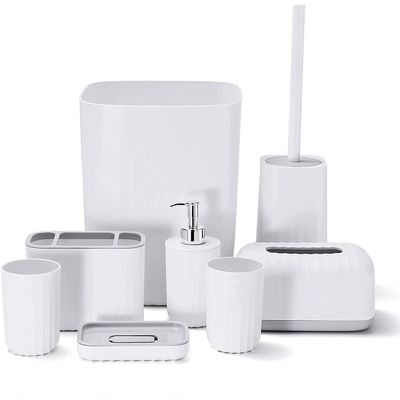 GAXQFEI Modern Bathroom Accessories Set for Home and Hotel 8-Piece Bathroom Set Including Toilet Brush Toothbrush Holder Cups Soap Dish Trash Can Lotion Dispenser and Tissue Box/White