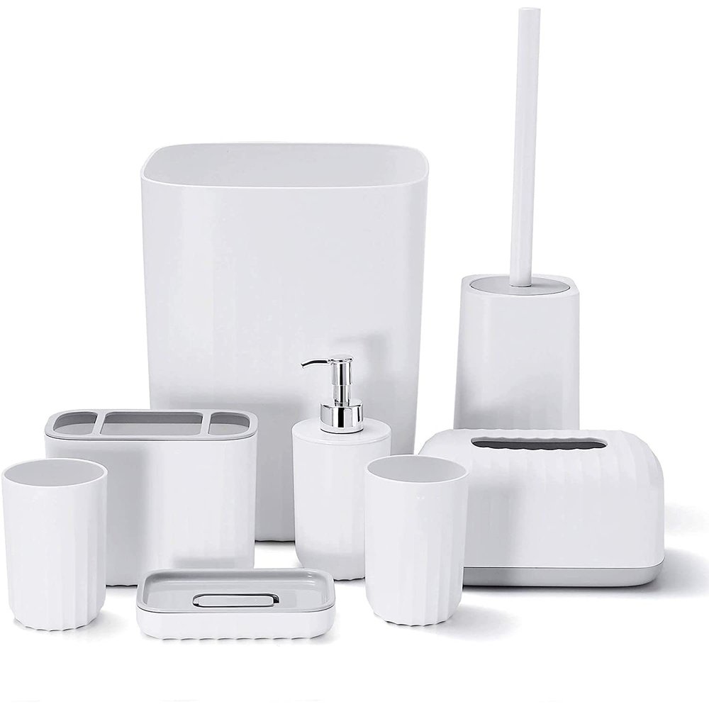 GAXQFEI Modern Bathroom Accessories Set for Home and Hotel 8-Piece Bathroom Set Including Toilet Brush Toothbrush Holder Cups Soap Dish Trash Can Lotion Dispenser and Tissue Box/White