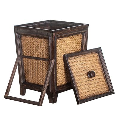 DRSFF Wooden Rattan Garbage Can Rectangular Trash Bin for Bathroom, Bedroom, Kitchens,Office Vintage Large Capacity with LidWaste Basket Home Solid Wood Wastebasket 10L