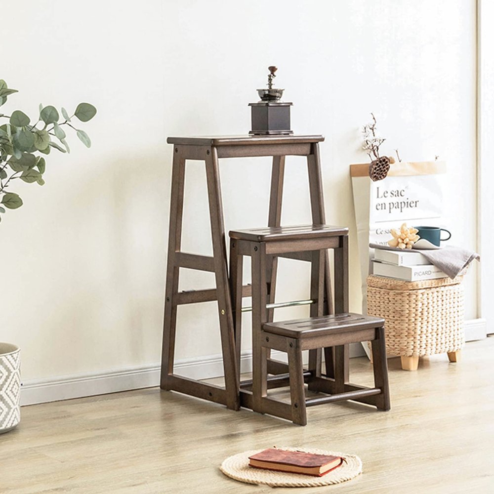 LHYZF Solid Wood 3 Steps Folding Step Stool, Household Portable Climb Steps for Kitchen/Office/Library Multifunctional Indoor Flower Stand Step
