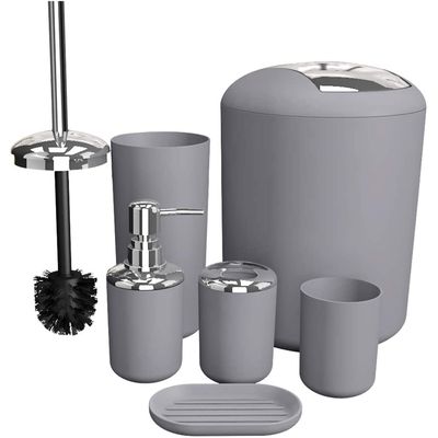 GAXQFEI Bathroom Accessories Sets 6 Piece Bathroom Set Plastic Lotion Dispenser Toothbrush Holder Bathroom Tumblers Soap Dish Trash Can Toilet Brush Set/Gray