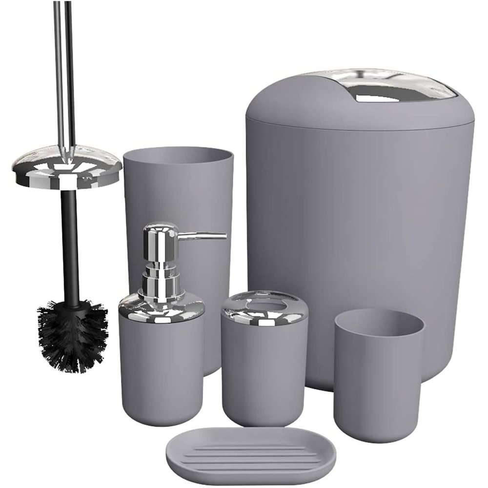 GAXQFEI Bathroom Accessories Sets 6 Piece Bathroom Set Plastic Lotion Dispenser Toothbrush Holder Bathroom Tumblers Soap Dish Trash Can Toilet Brush Set/Gray