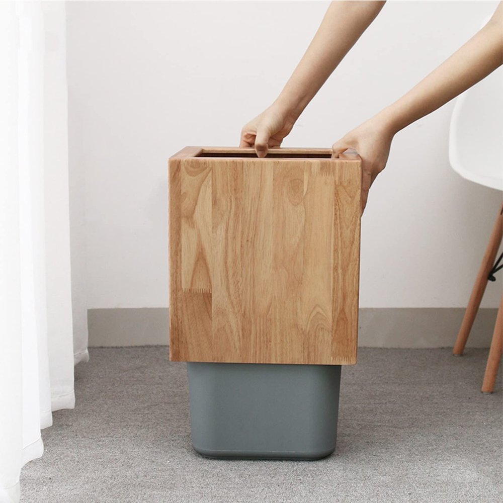 DRSFF Trash Can Square Wooden Rubbish Container Creative Storage Bucket Waste Paper Basket Recycling Bins Garbage Bin for Living Room Kitchen Bedroom 6L Uncovered Solid Wood