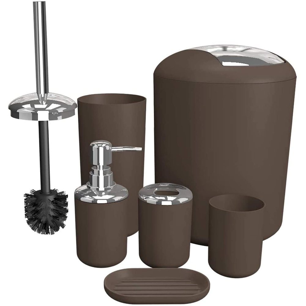 GAXQFEI Bathroom Accessories Sets 6 Piece Bathroom Set Plastic Lotion Dispenser Toothbrush Holder Bathroom Tumblers Soap Dish Trash Can Toilet Brush Set/Bronze