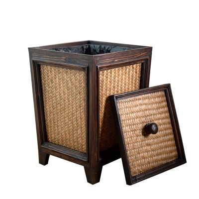 DRSFF Trash Can Living Room Bedroom Garbage Container Bin Bathrooms Kitchens Vintage Wastebasket Home Offices Waste Paper Basket Storage Bucket - Wooden Rattan with Lid 10L
