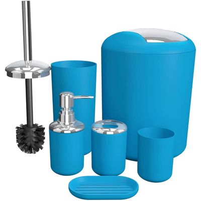 GAXQFEI Bathroom Accessories Sets 6 Piece Bathroom Set Plastic Lotion Dispenser Toothbrush Holder Bathroom Tumblers Soap Dish Trash Can Toilet Brush Set/Blue