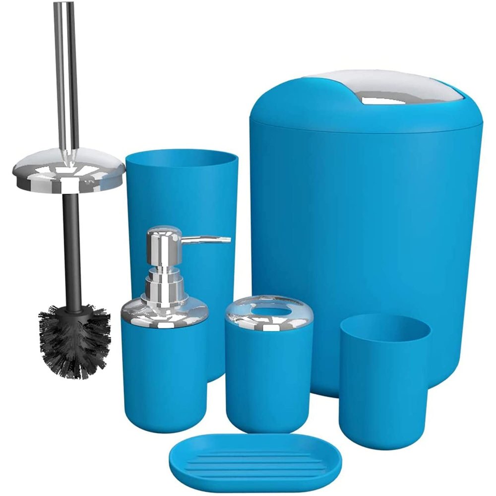 GAXQFEI Bathroom Accessories Sets 6 Piece Bathroom Set Plastic Lotion Dispenser Toothbrush Holder Bathroom Tumblers Soap Dish Trash Can Toilet Brush Set/Blue