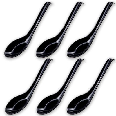 DOERDO 6PCS Soup Spoons Japanese Style Spoons Chinese Asian Soup Spoons With Long Handle for Kitchen Mixing, Baking, Cooking, Black