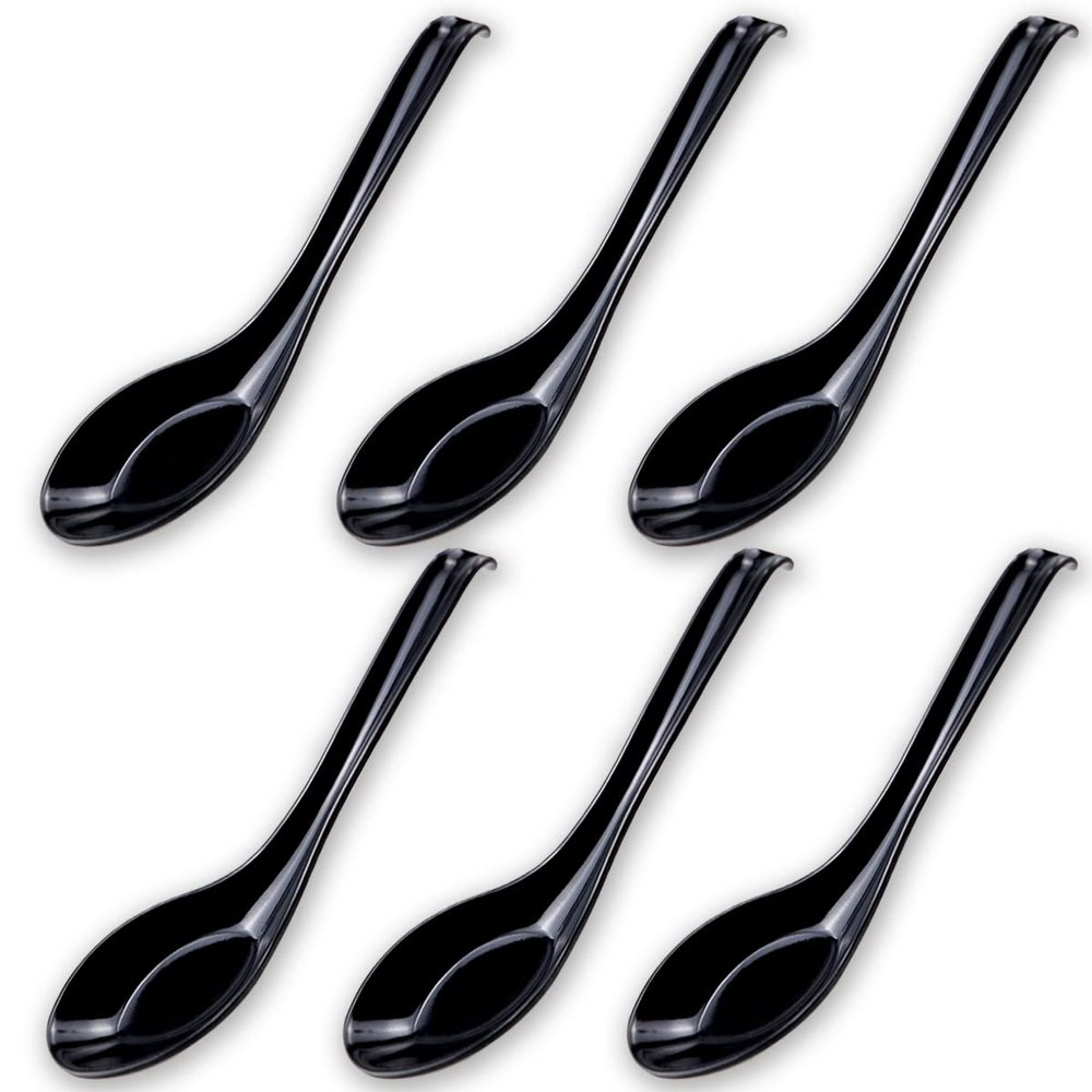 DOERDO 6PCS Soup Spoons Japanese Style Spoons Chinese Asian Soup Spoons With Long Handle for Kitchen Mixing, Baking, Cooking, Black