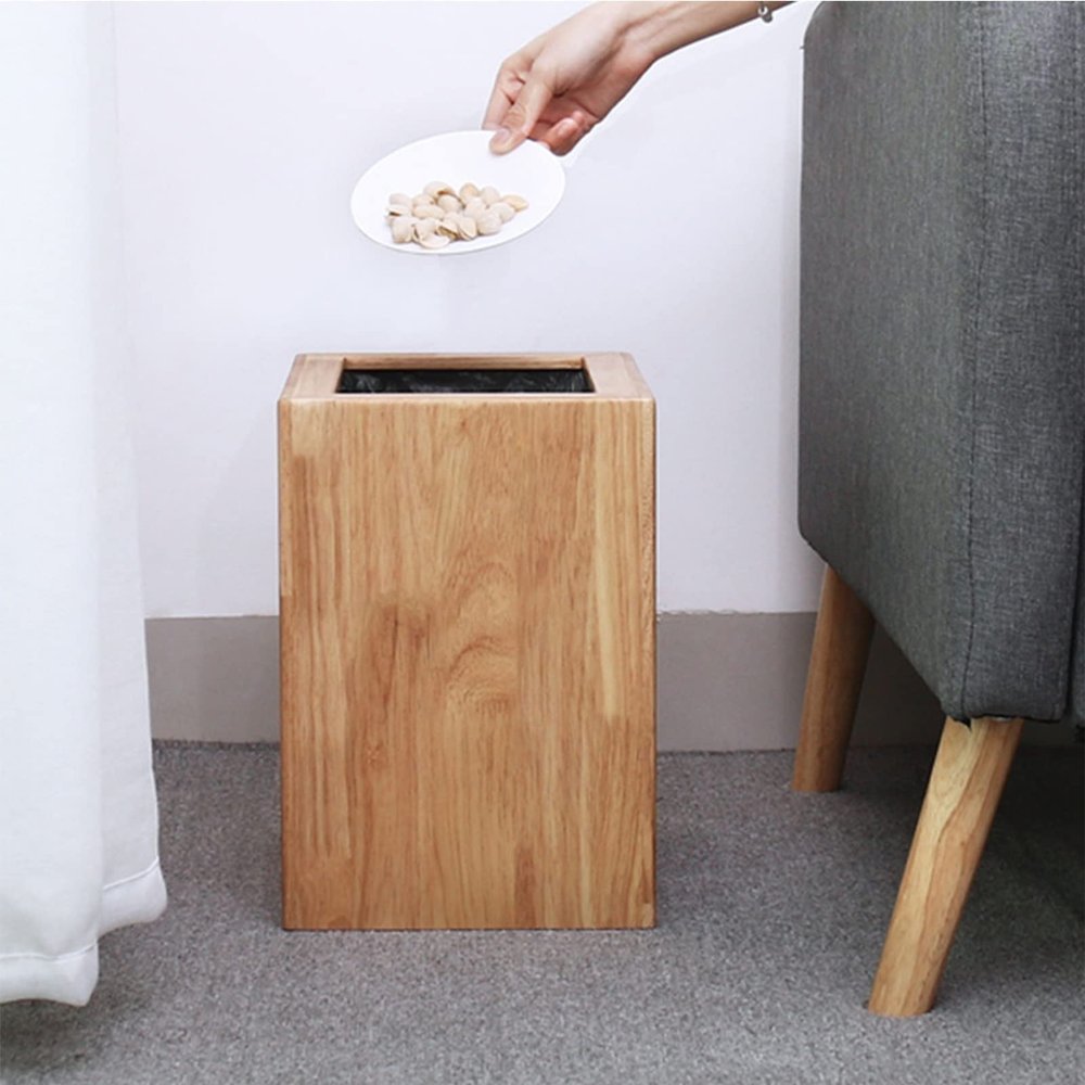 DRSFF Square Trash Can Kitchen Uncovered Rubbish Container 6L Solid Wood Waste Paper Basket Recycling Bins Living Room Bedroom Nordic Garbage Bin Storage Bucket