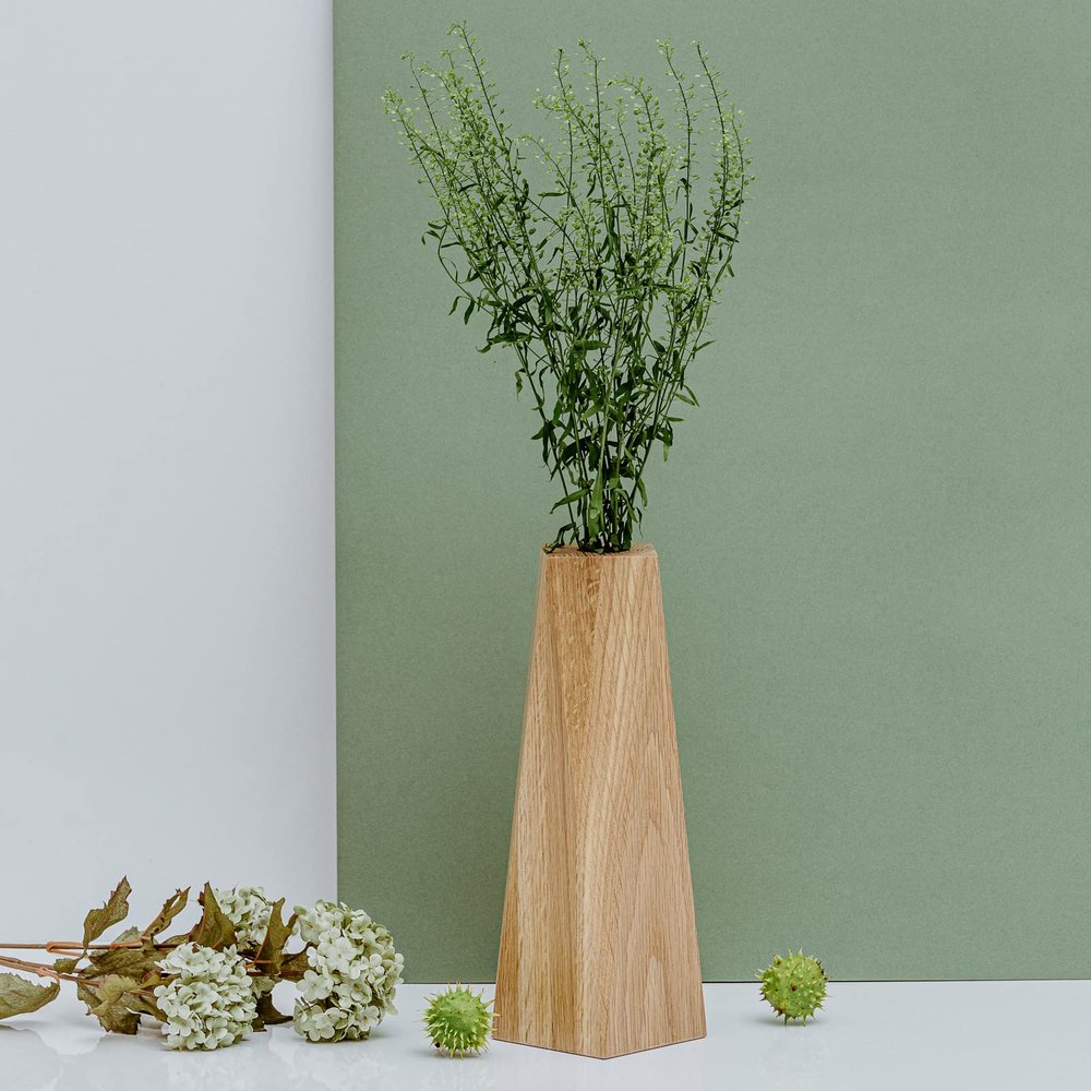 Wood vase Flower Decorative Standing Solid Wooden Geometrical vases Accessories for twig (30x9.5 Centimeters, Oak)