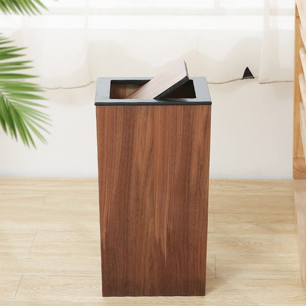 DRSFF Wooden Clamshell Trash Bin for Living Room Bedroom Creative Square Kitchen Large Rubbish Garbage Can Home Office Waste Paper Basket Storage Bucket Walnut Wood (Color : A)