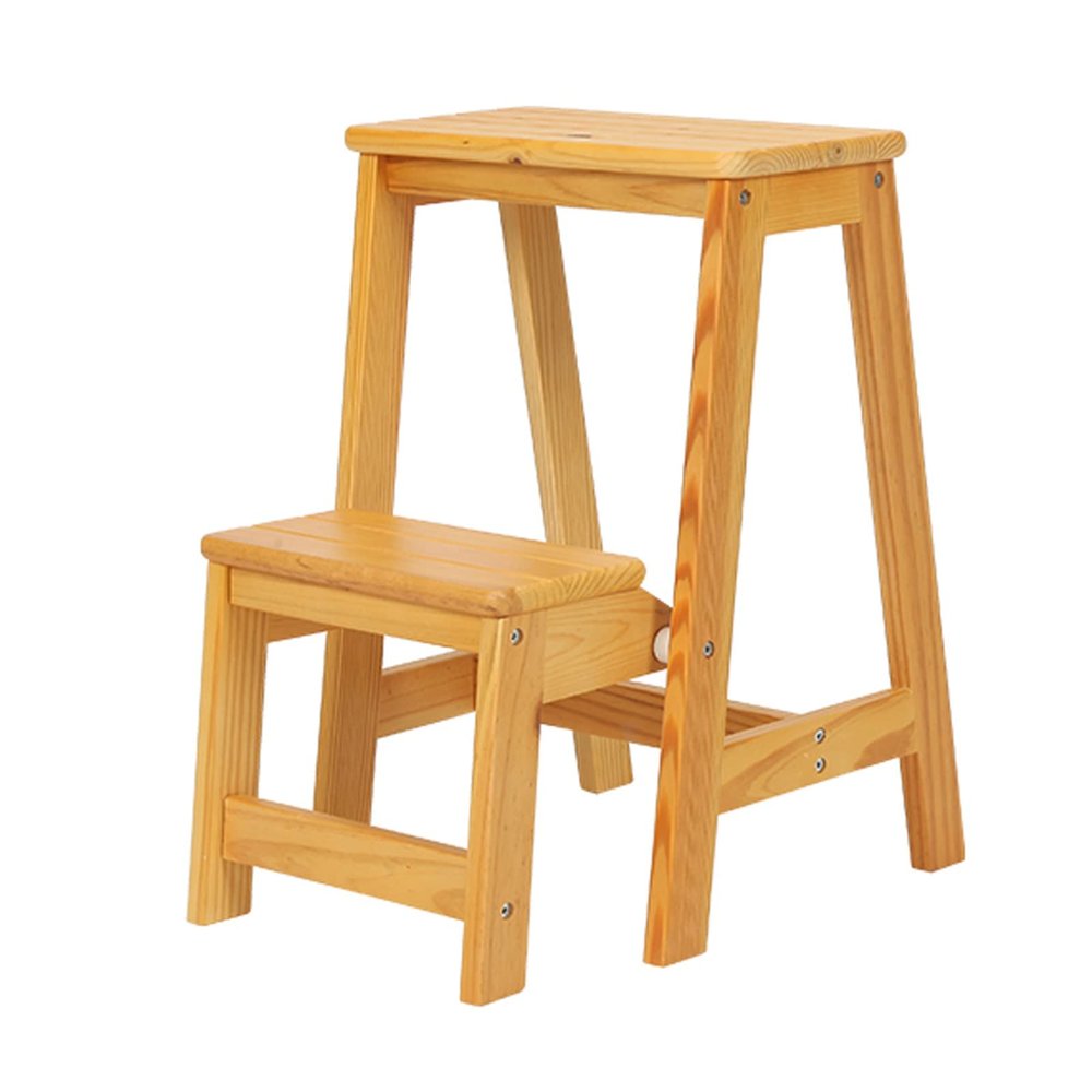 Wooden Step Stool Ladder Chair 2-Step, Folding Kitchen Step Large Steps Ladder Multifunction Safety Non-Slip Tread for Kitchen Bathroom Office, Yellow