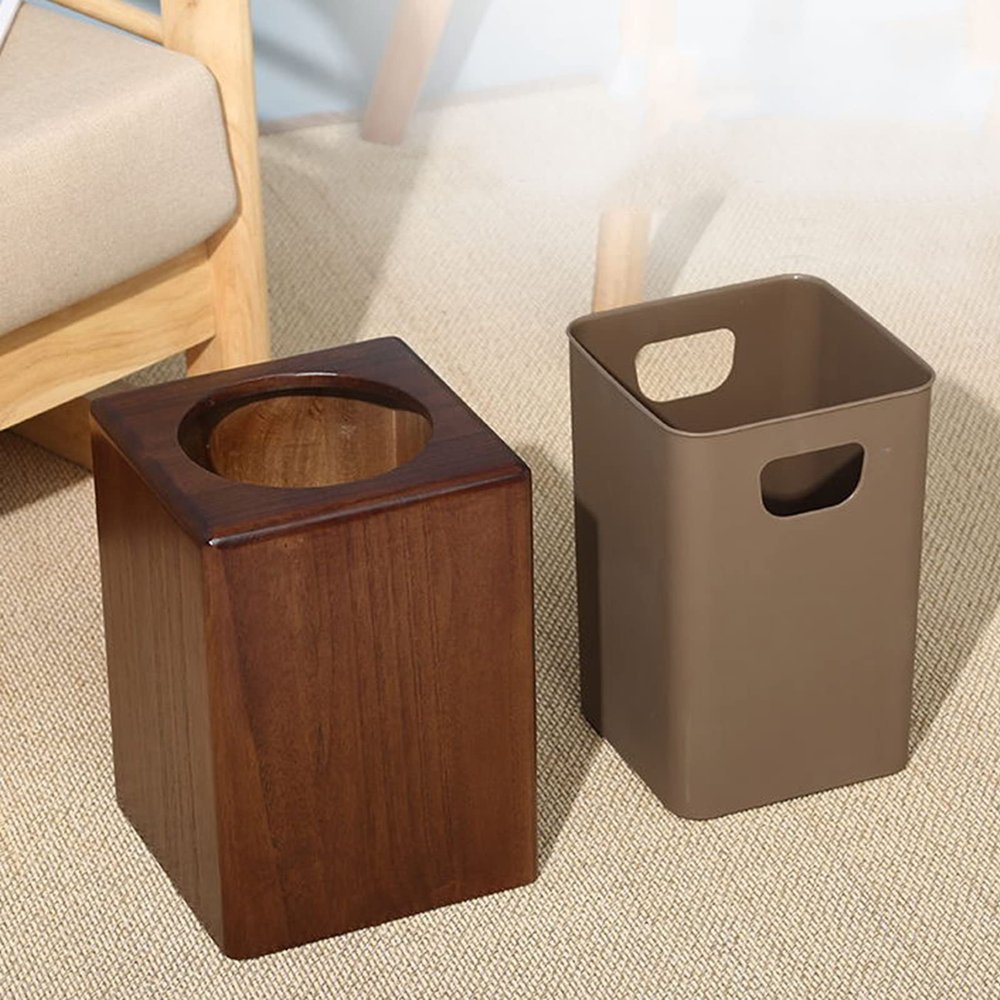 DRSFF Retro Square Trash Can Solid Wood Garbage Bin Home Living Room Kitchen Creative Bathroom Guest Room Durable Storage Bucket Waste Paper Basket Wooden 8L