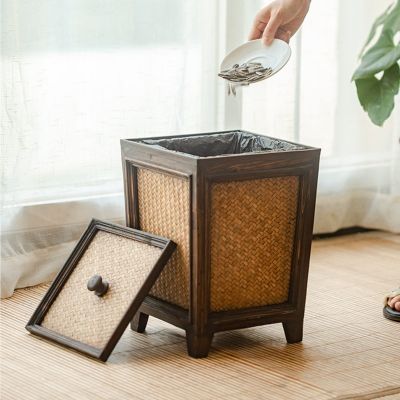 DRSFF Vintage Garbage Can Office Wooden Rattan Waste Paper Bin Living Room Bedroom Rubbish Bucket with Lid | 10L Trash Recycling Bins Under Desk Storage Paper Basket