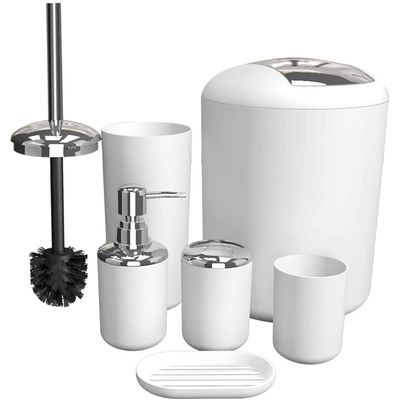 GAXQFEI Bathroom Accessories Sets 6 Piece Bathroom Set Plastic Lotion Dispenser Toothbrush Holder Bathroom Tumblers Soap Dish Trash Can Toilet Brush Set/White