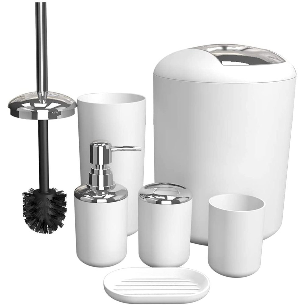 GAXQFEI Bathroom Accessories Sets 6 Piece Bathroom Set Plastic Lotion Dispenser Toothbrush Holder Bathroom Tumblers Soap Dish Trash Can Toilet Brush Set/White