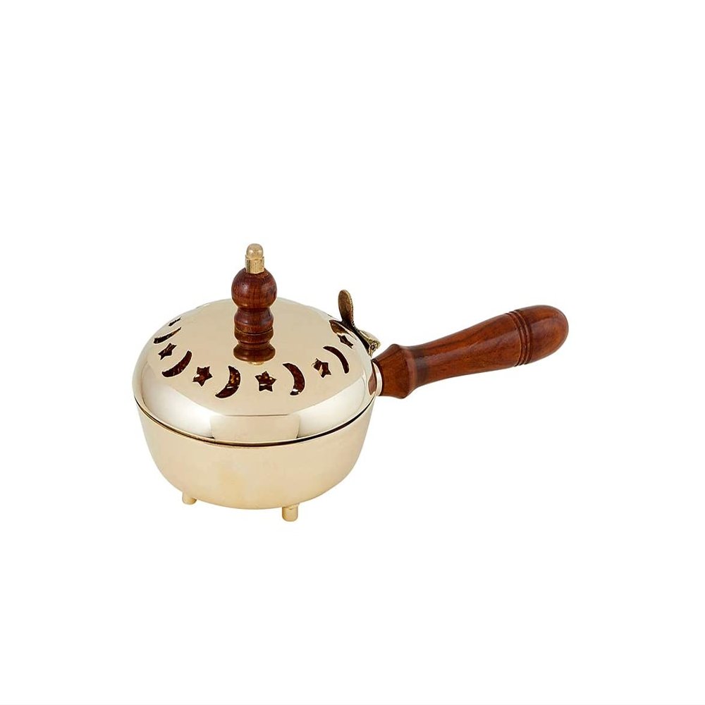 Creative Brands J6734 Incense Burner with Wood Handle, 9.5-inch Length, Brass and Wood, 9.5 inches L x 4 inches H