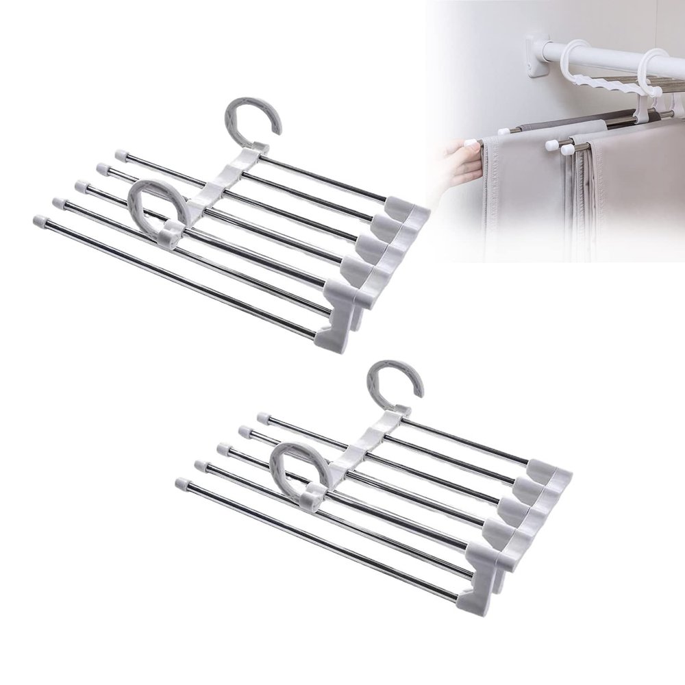 2Pcs Pants Hangers Space Saving, Telescopic Folding Multifunctional Multi-Layer Pants Rack, Wardrobe Storage Artifact Pants Hanger (White)