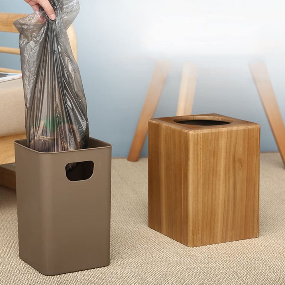 DRSFF Trash Can with Plastic Inner Cylinder Wooden Kitchen Rubbish Container Square Teak Living Room Garbage Bin Office Waste Basket Bedroom Bathroom Storage Bucket