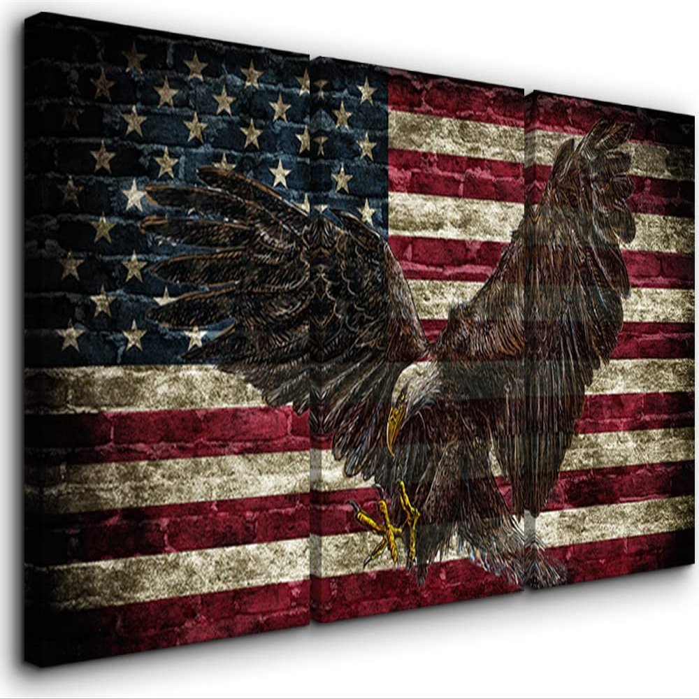 3 Pieces Rustic American Flag Canvas Wall Art Bald Eagle Flags for Room American Flag Decor Wooden American Flag Wall Decor Patriotic Decorations for Home Office Ready to Hang (20''Wx28''Hx3PCS)